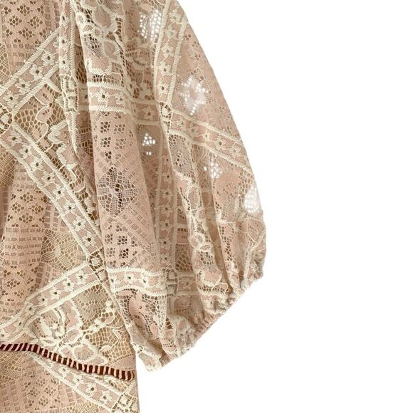 NSR NWTs Ana Rose Lace Tan Cream Romantic Dress size XS Midi Puff Sleeves - Picture 7 of 12